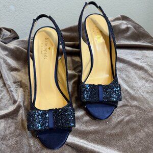 KATE SPADE "Charm" Navy Blue Bow Glitter Satin Slingback Heels 8 designer glam